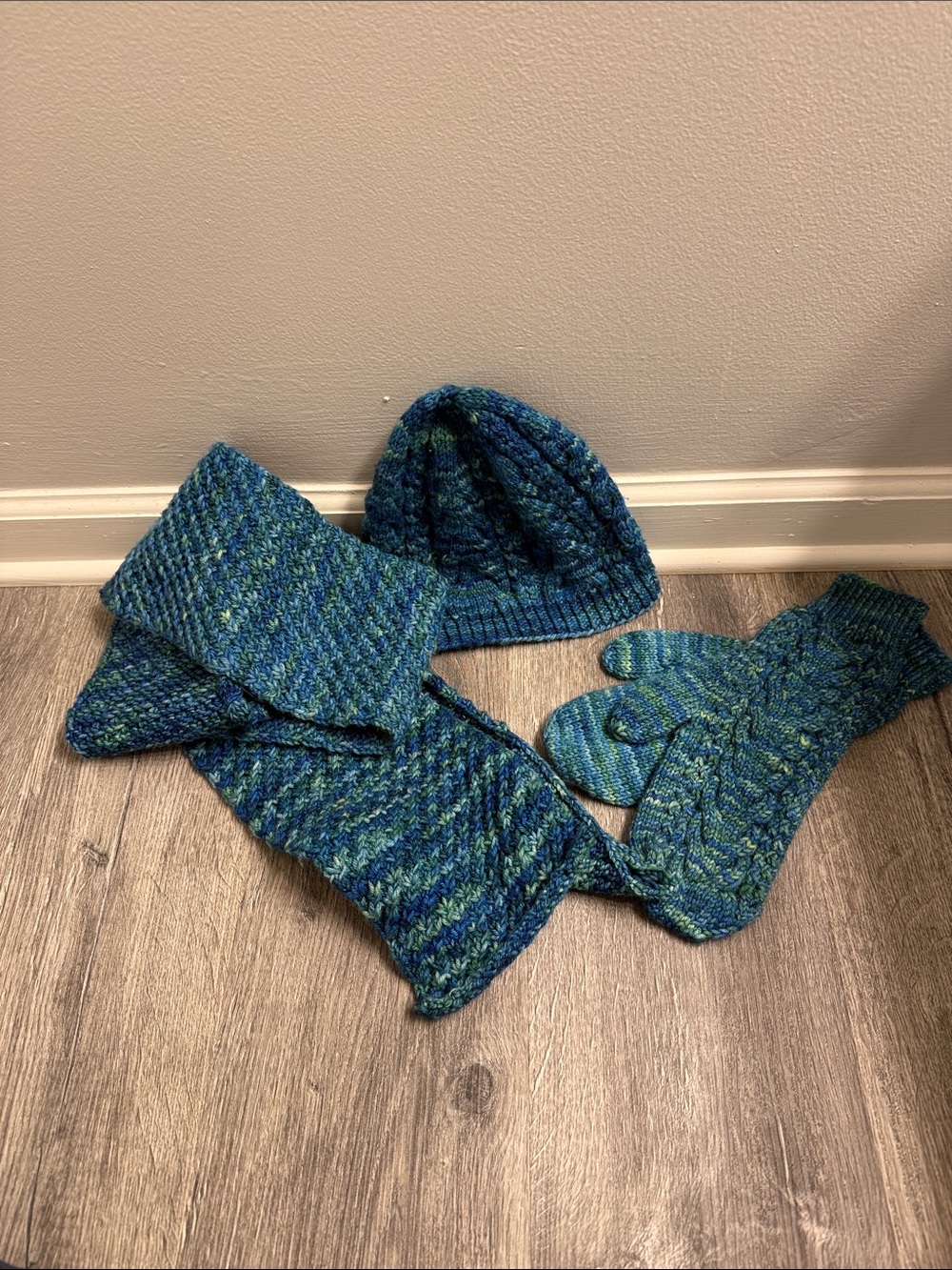 Blue-Green Knit Winter Set - Hat, Scarf & Mittens